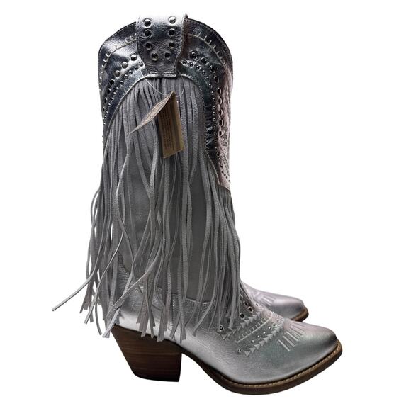Dingo Western Cowboy Boots 1969 Gypsy Women's 9.5 Snip Toe Silver Leather Fringe - Picture 1 of 10